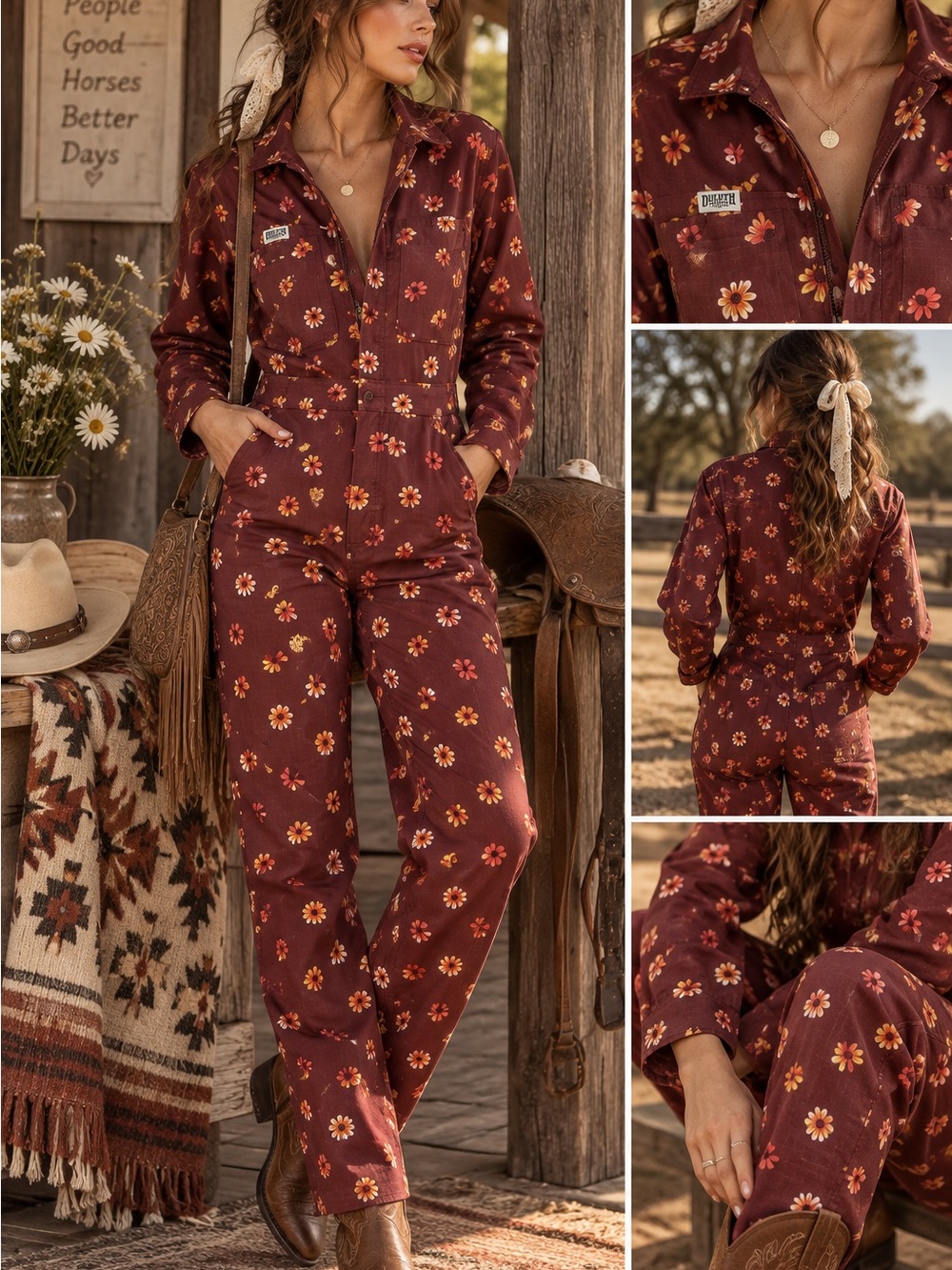 Duluth Trading Co Maroon Floral Utility Jumpsuit